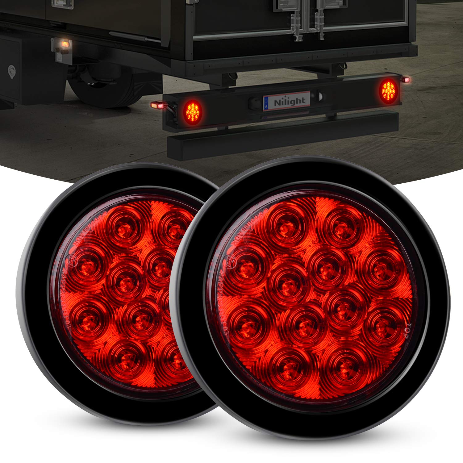 Nilight - TL-18 2PCS 4" Round Red LED Trailer Tail Lights w/Surface Mount Grommet Plugs IP67 Stop Brake Turn Tail Lights for Truck Trailer RV Jeep, 2 Years Warranty